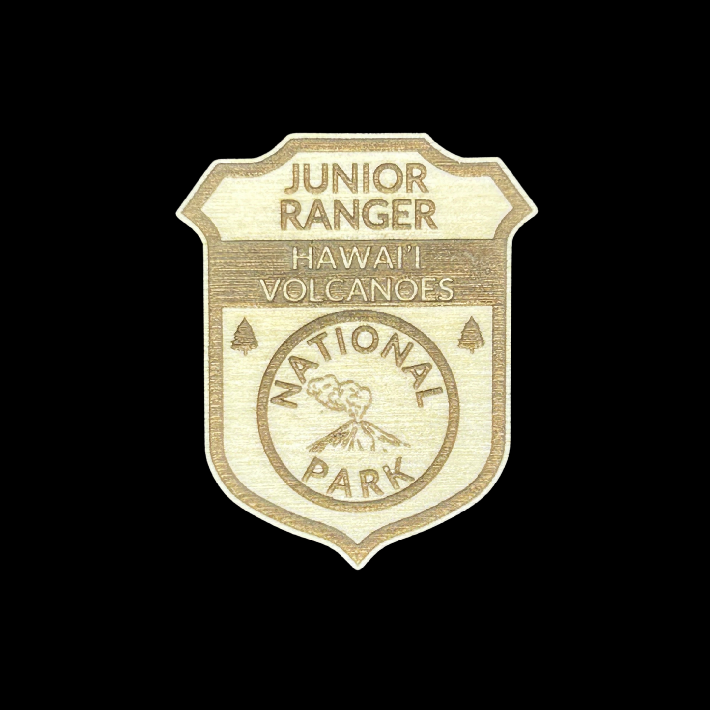 Junior Ranger badge for Hawaii Volcanoes National Park on a black background
