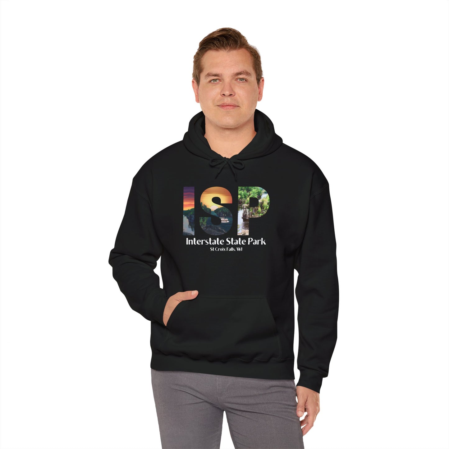 Male wearing a black colored hoodie featuring a ISP logo design with artistic prints and the text: Interstate State Park - St Croix Falls, WI”.