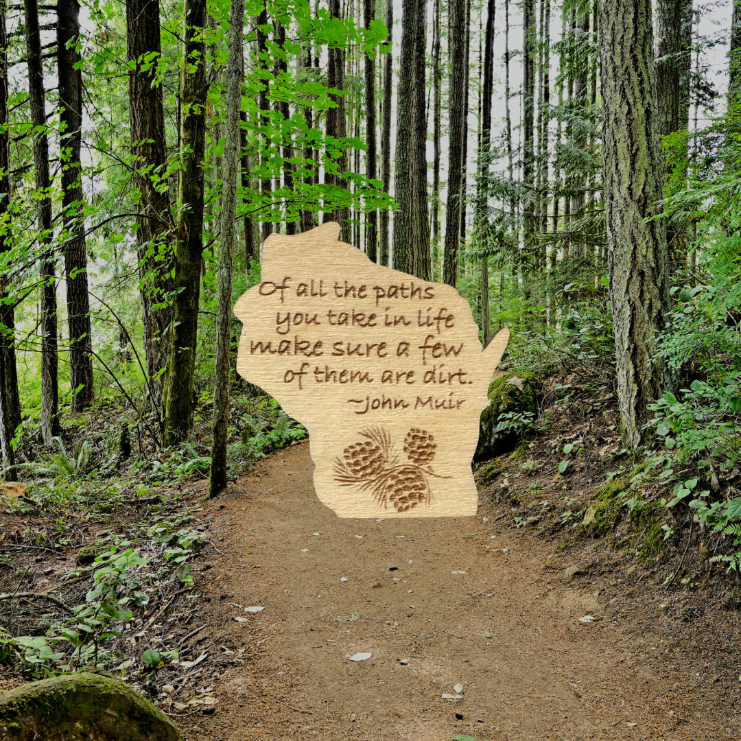 Wood Wisconsin shaped magnet with the John Muir quote: “of all the paths you take in life, make sure a few of them are dirt.” Background dirt trail through the woods.