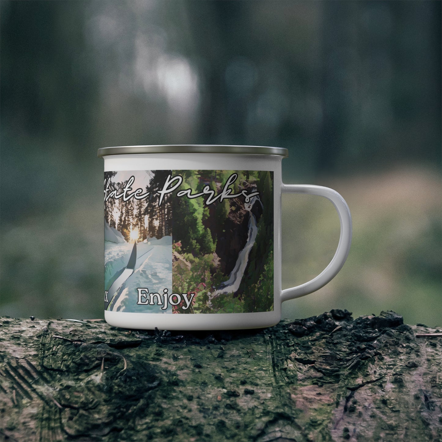 White enamel camper mug depicting camping, hiking, cross country skiing and waterfall scenes and the text “Wisconsin State Parks explore, relax, enjoy.”