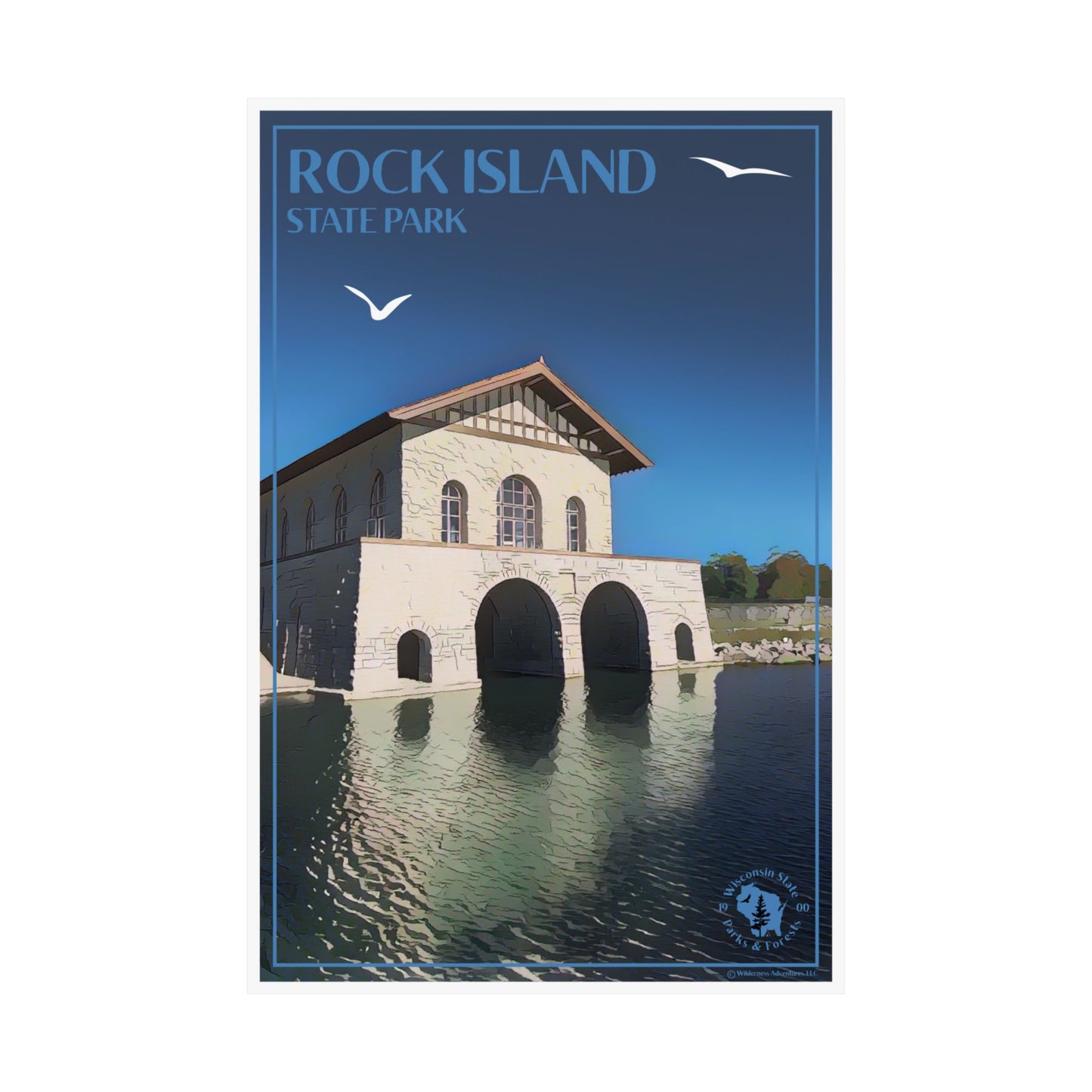 12x18 Poster depicting the rock boathouse at Rock Island State Park with seagulls flying above, and the text Rock Island State Park.