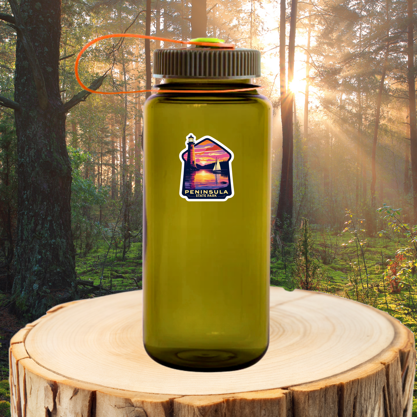 Diecut sticker featuring a lighthouse towering above a calm lake reflecting a vibrant sunset and a sailboat on the water. Features the text Peninsula State Park. Photo background depicts a green water bottle sitting on a stump in the woods with the decal attached to it.
