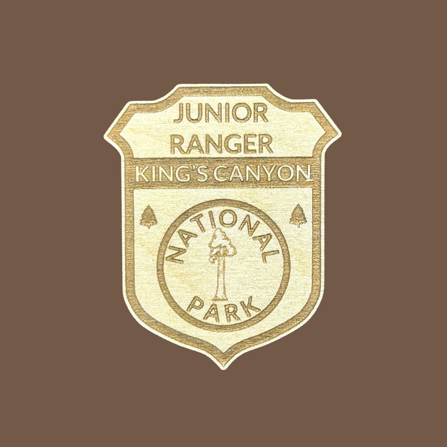 Junior Ranger badge for King's Canyon National Park on a brown background