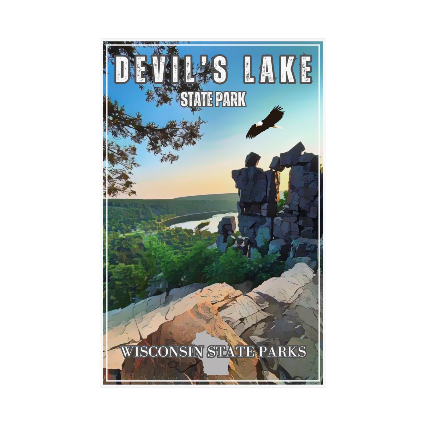 11x17 vintage Devils Lake CCC poster displaying devils doorway and overlooking the lake.