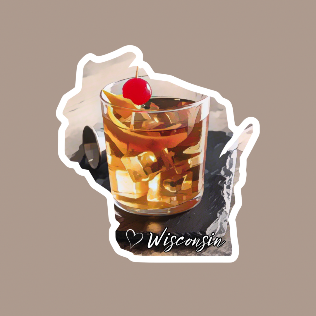Wisconsin shaped sticker featuring a rendering of an old fashioned drink on a coaster.