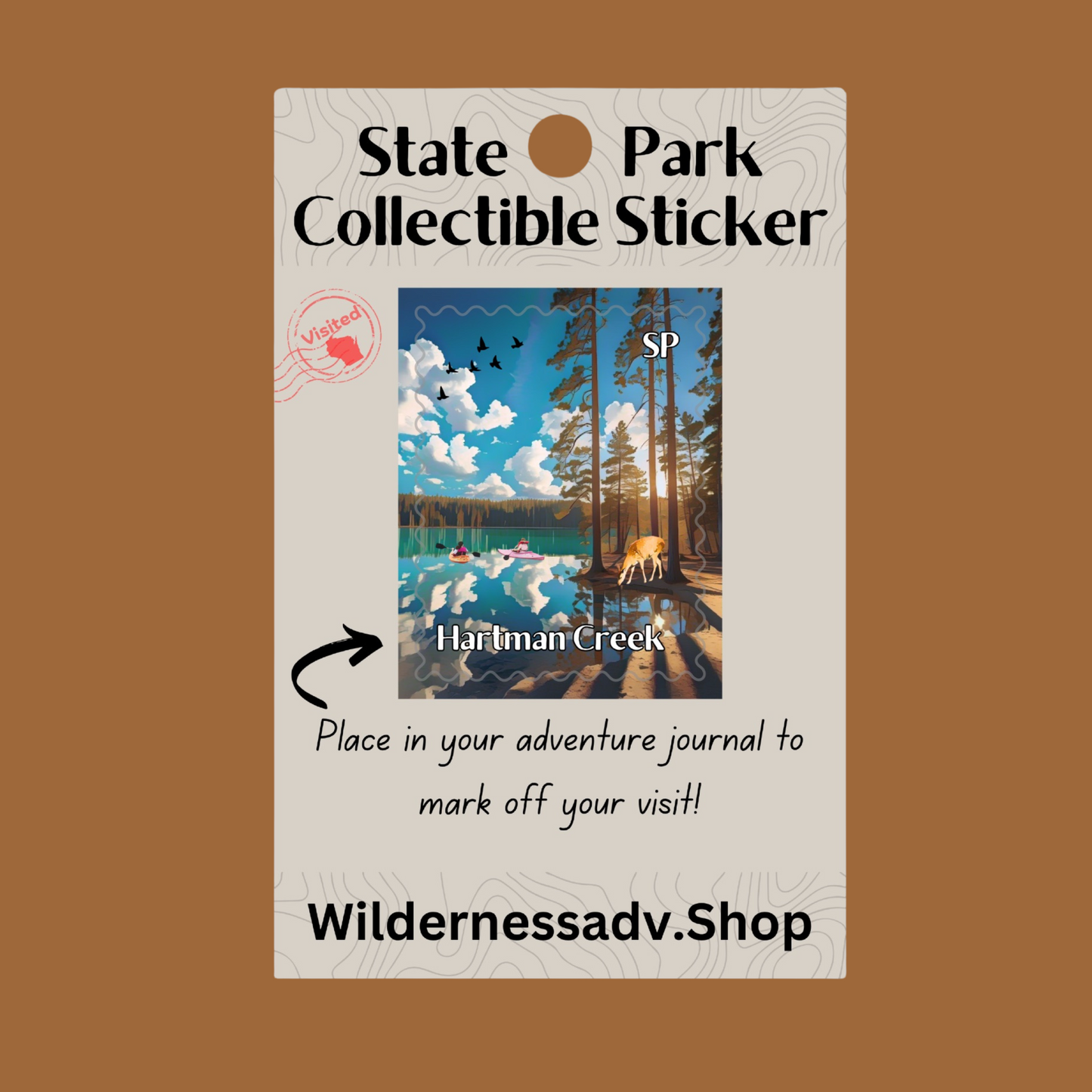 Sticker for Wisconsin State Park Adventure Journal depicting two kayakers paddling a pristine, calm lake surrounded by towering pines and a deer drinking at the lakeside.