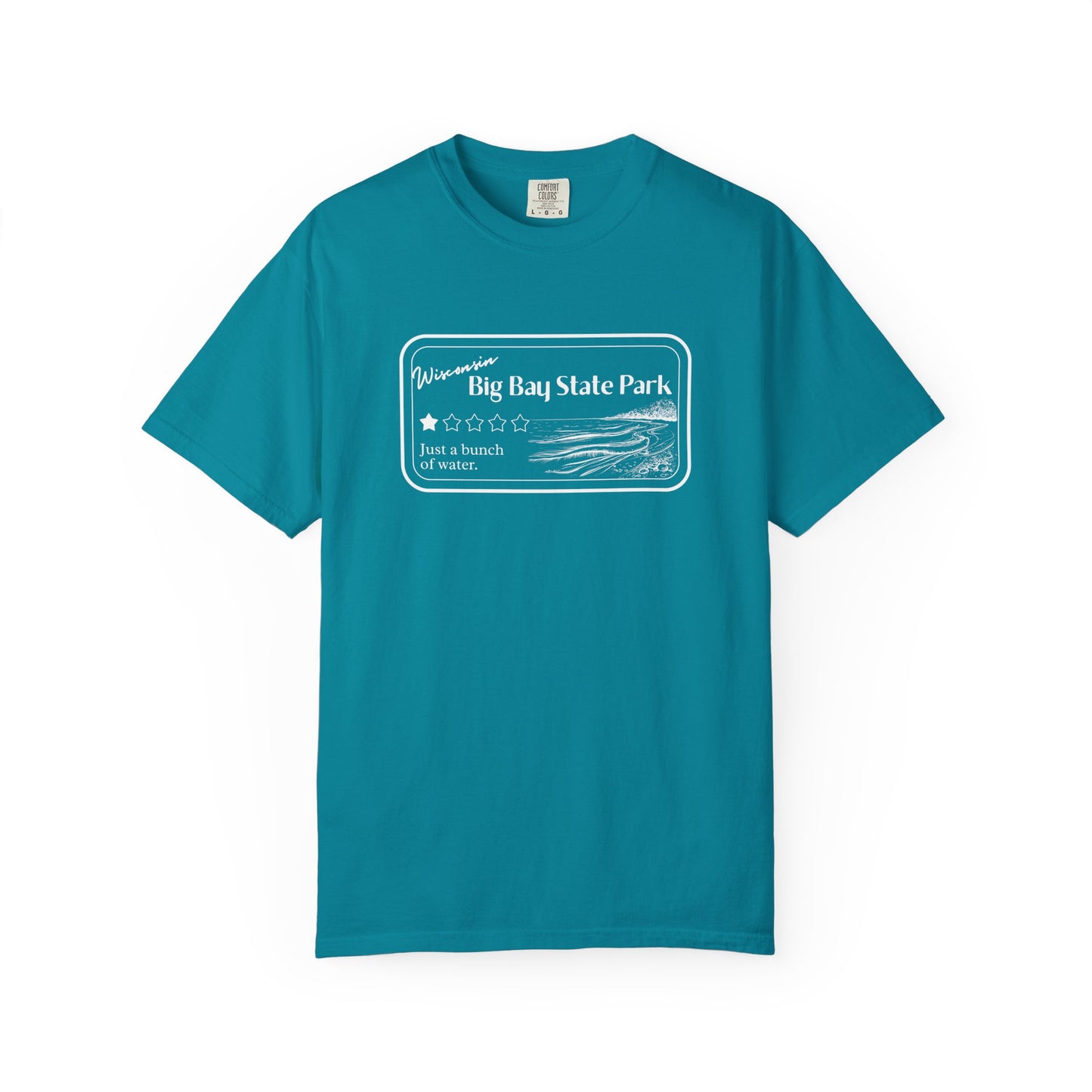 Topaz Blue Colored T-Shirt with 1 star review design of Big Bay State Park. Features a line art image of a sandy beach and shoreline, 1 star graphic, and the text: “Wisconsin Big Bay State Park, Just a bunch of water.