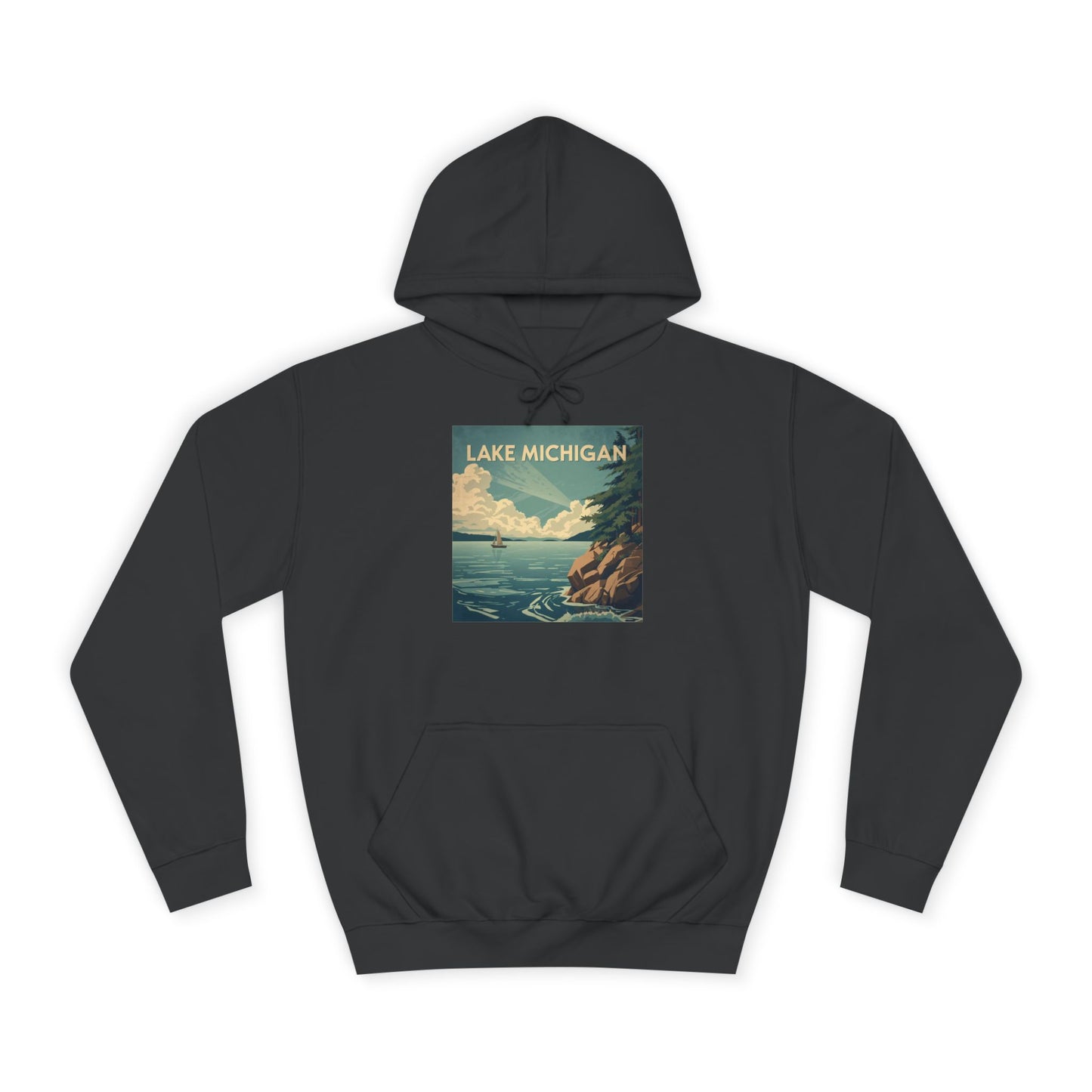 Jet Black hoodie with Lake Michigan graphic on a white background