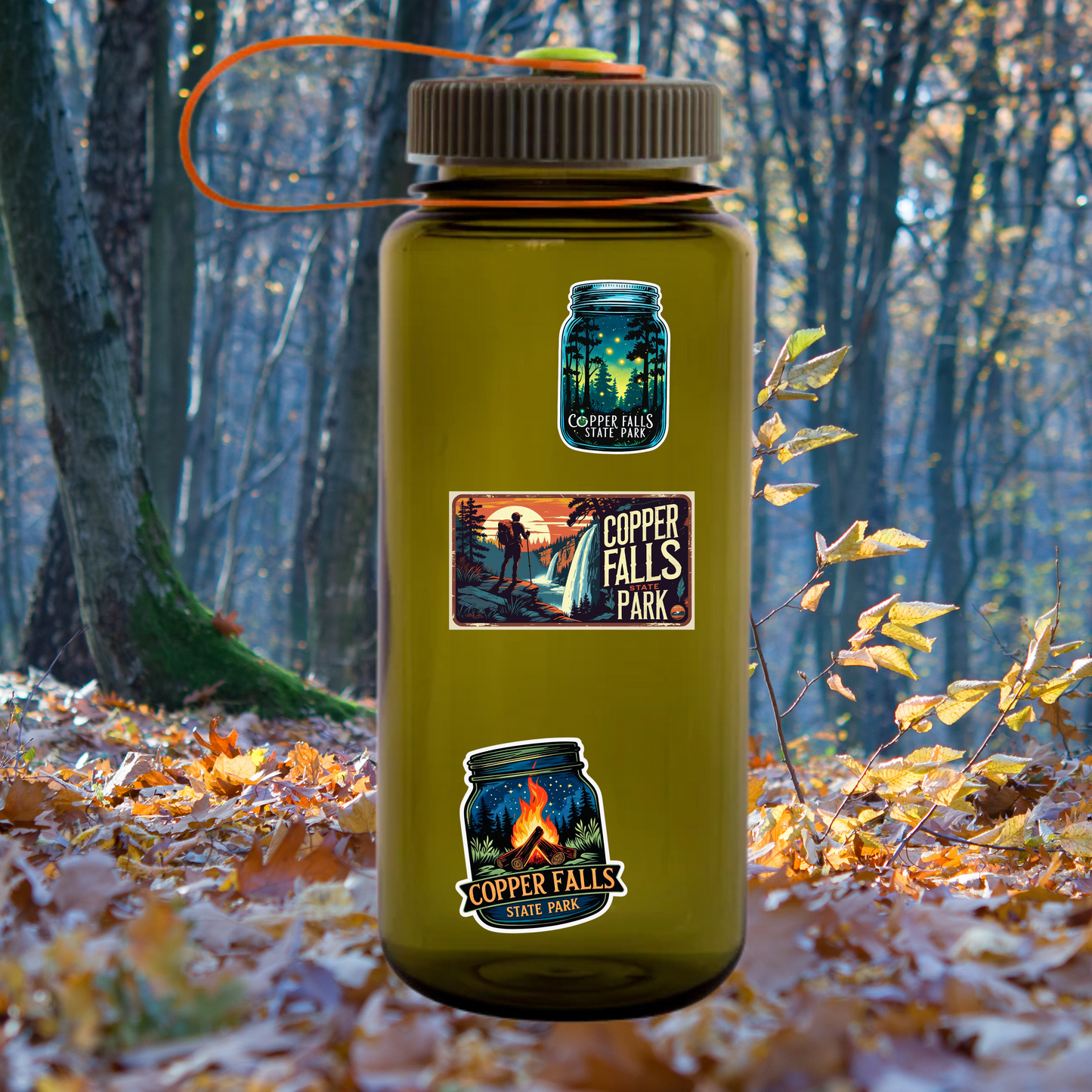 Nalgene bottle sitting on leaves in the woods with multiple miniature stickers affixed to it.