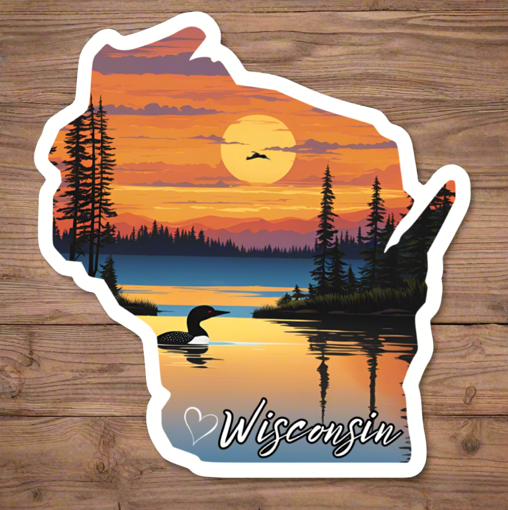 Wisconsin shaped sticker depicting a sunset lake picture with a loon swimming.