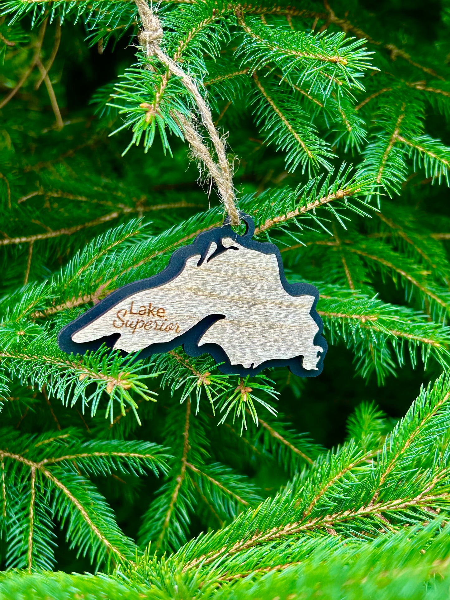 Lake Superior Shaped ornament with black background and the text "Lake Superior".