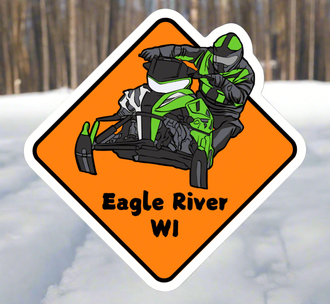 Orange snowmobile blaze symbol with snowmobile and rider image.