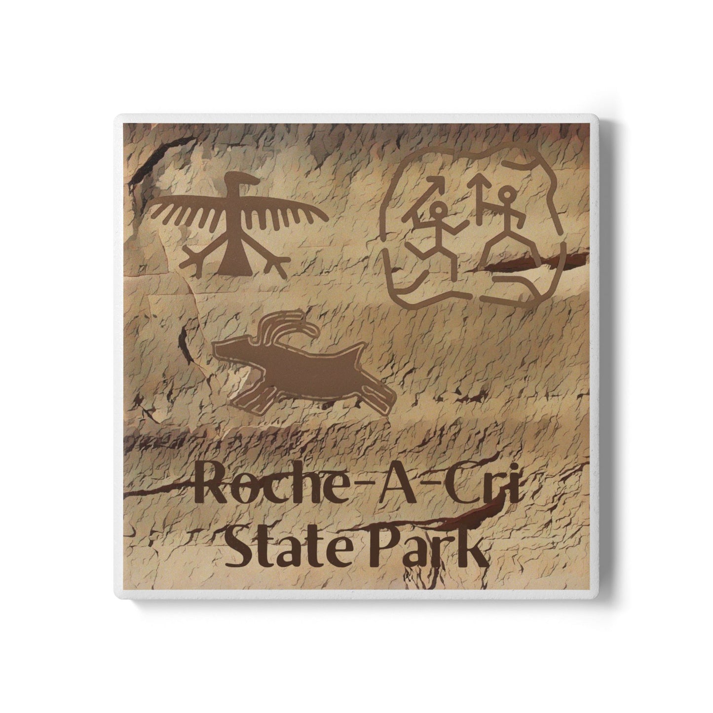 Ceramic Coaster featuring petroglyphs on sandstone design and the text “Roche-A-Cri State Park.