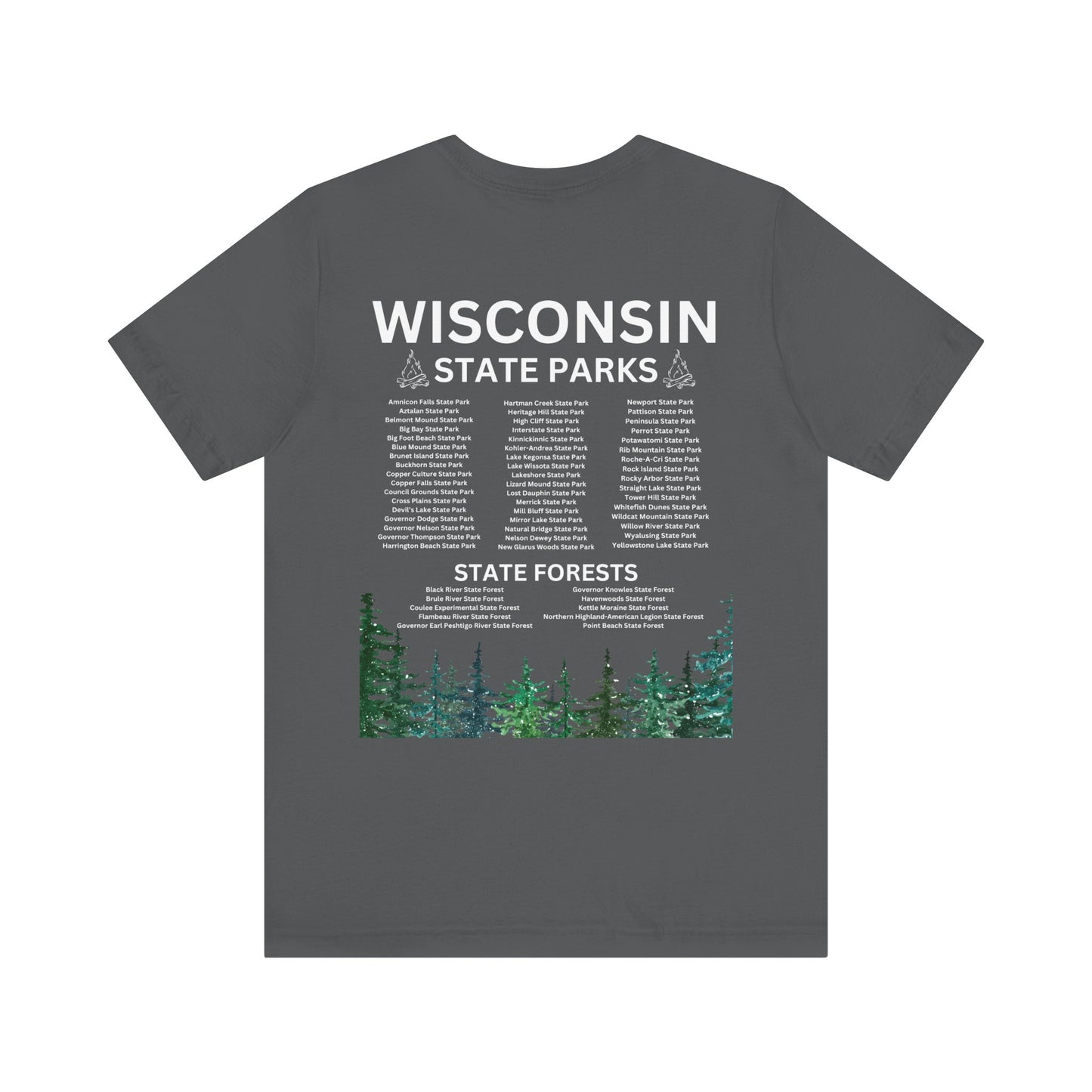 Asphalt shirt with listing of state parks.