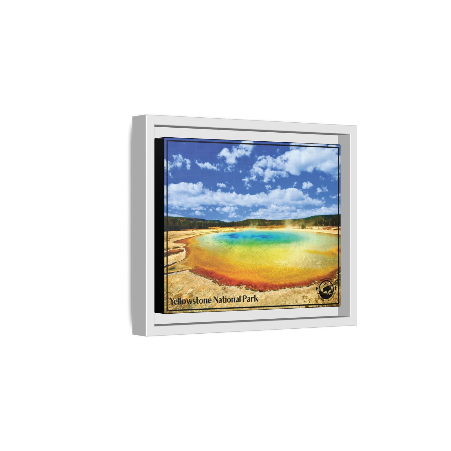 Framed print of Yellowstone National Park with a scenic view of a lake.