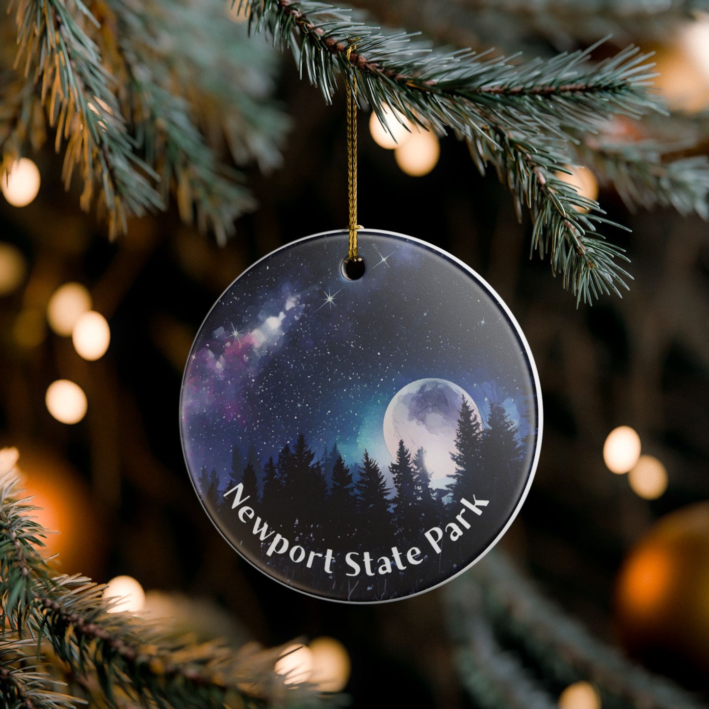 Round ceramic ornament with a night sky design and 'Newport State Park' text, featuring a moon and trees. Ornament hanging on a Christmas tree.