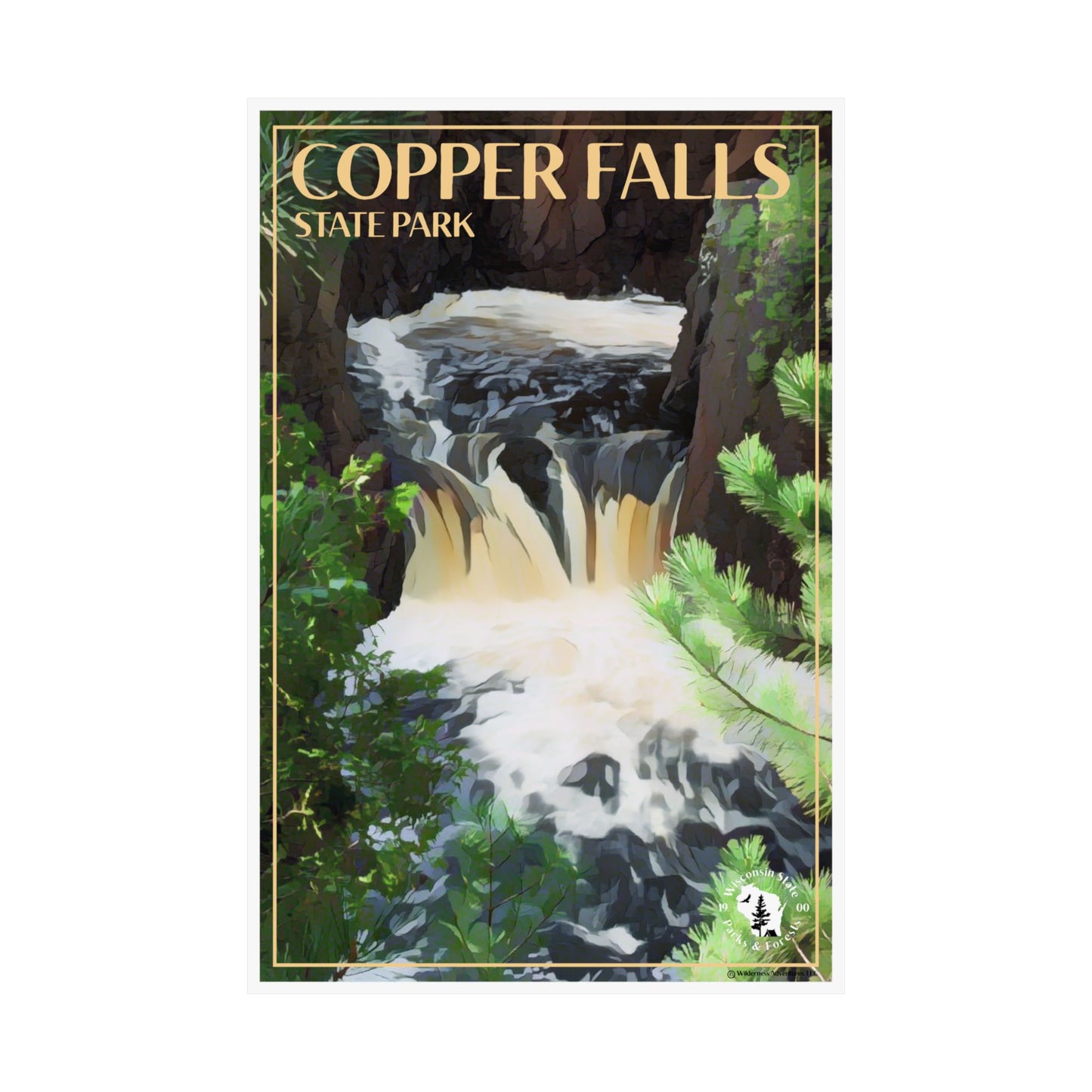 12x18” Poster featuring the namesake of Copper Falls State Park: Copper Falls as it flows into the gorge.