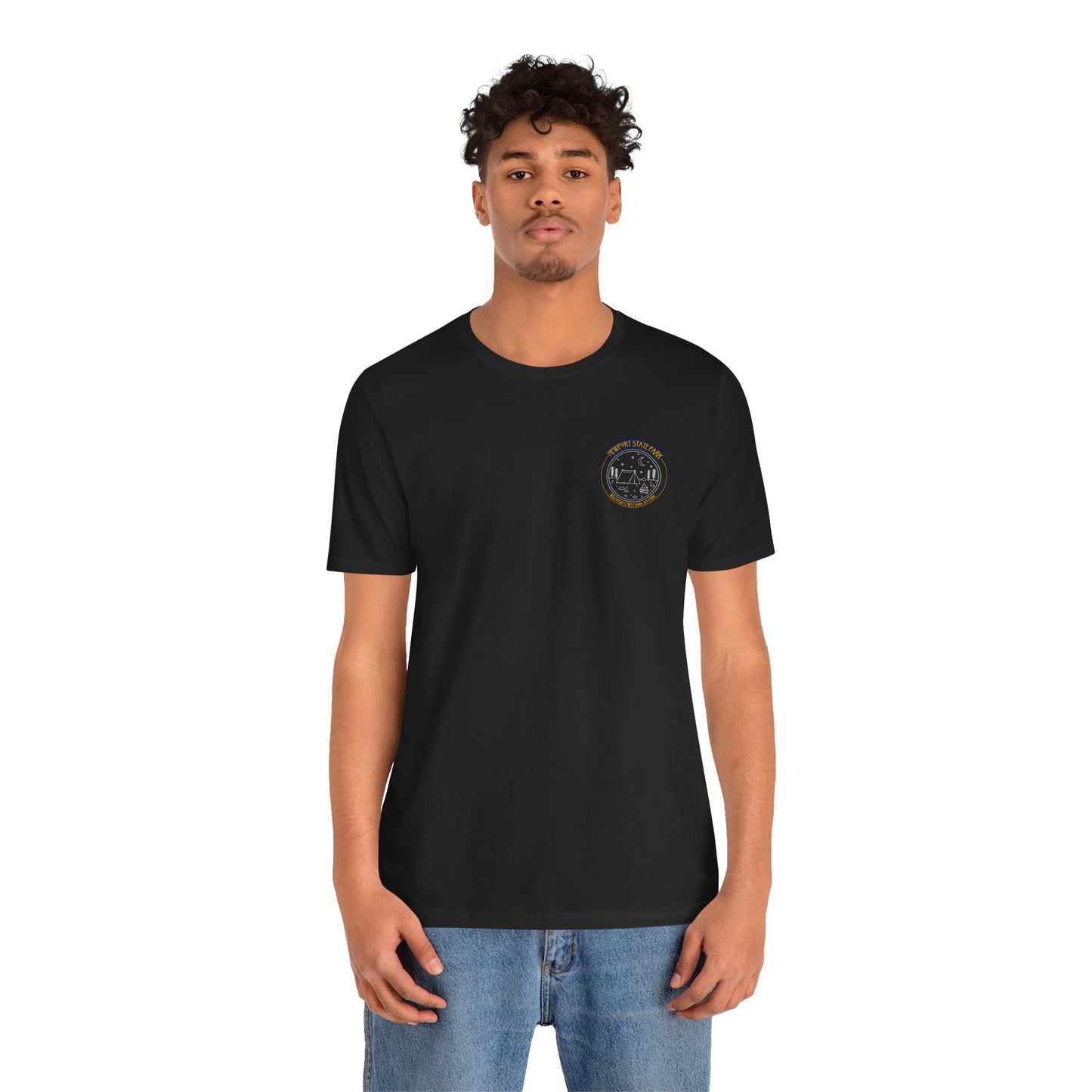 Male model wearing black Newport shirt showing front design.