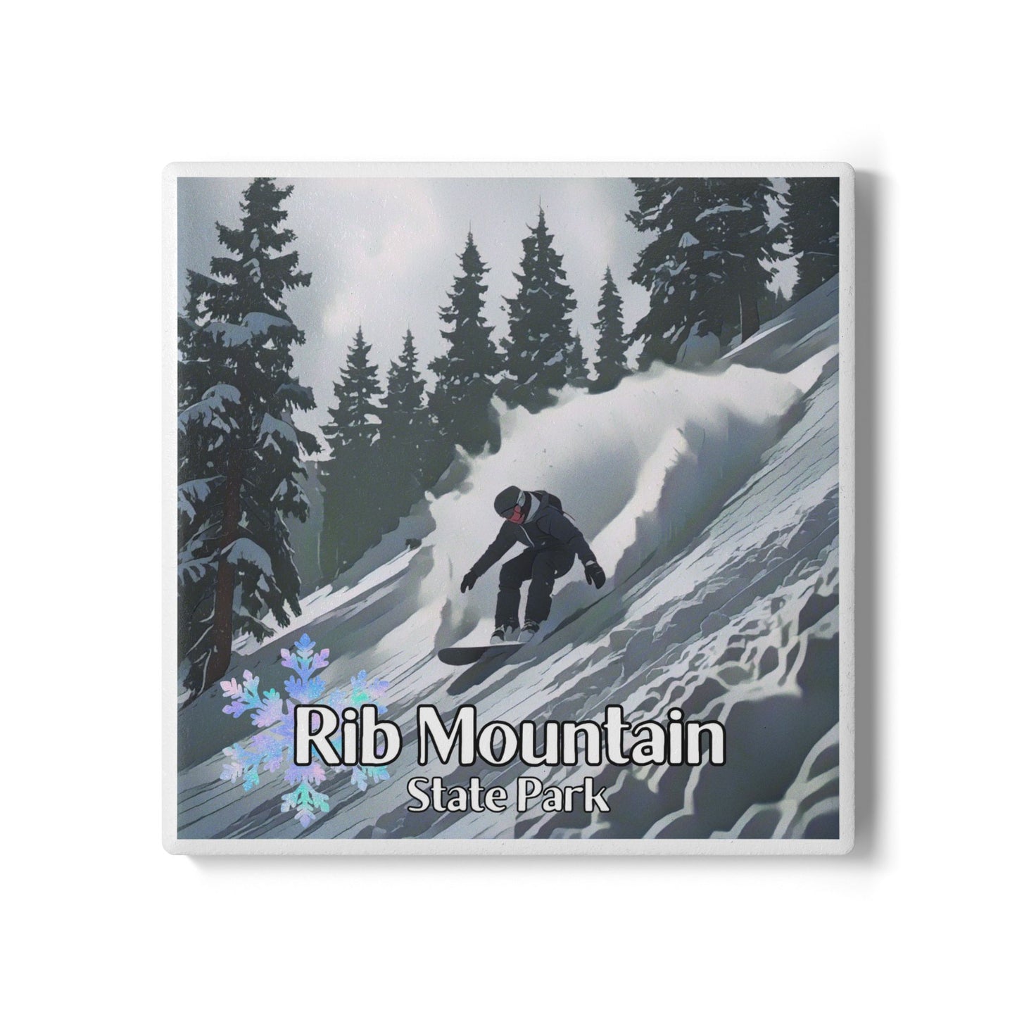 Ceramic coaster featuring a snowboarder going down a snowy, wooded slope and the text: Rib Mountain State Park