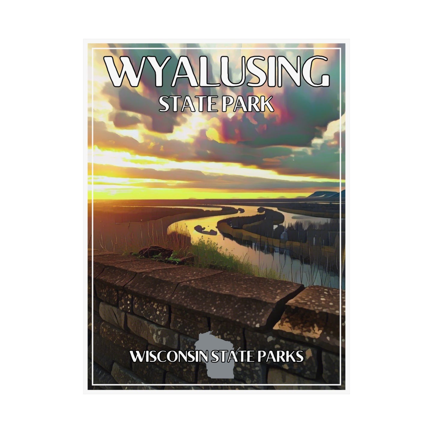 18x24” Retro CCC inspired poster depicting a scenic sunset over the confluence of rivers from a bluff-top view.