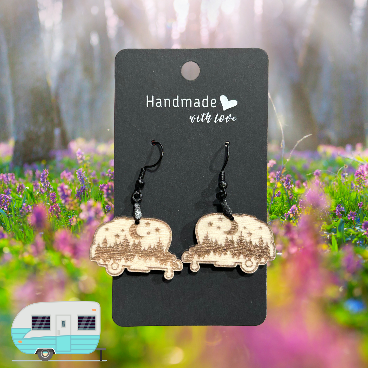 Forest scene wood camper earrings. Photo background: vibrant flowers in a forest.