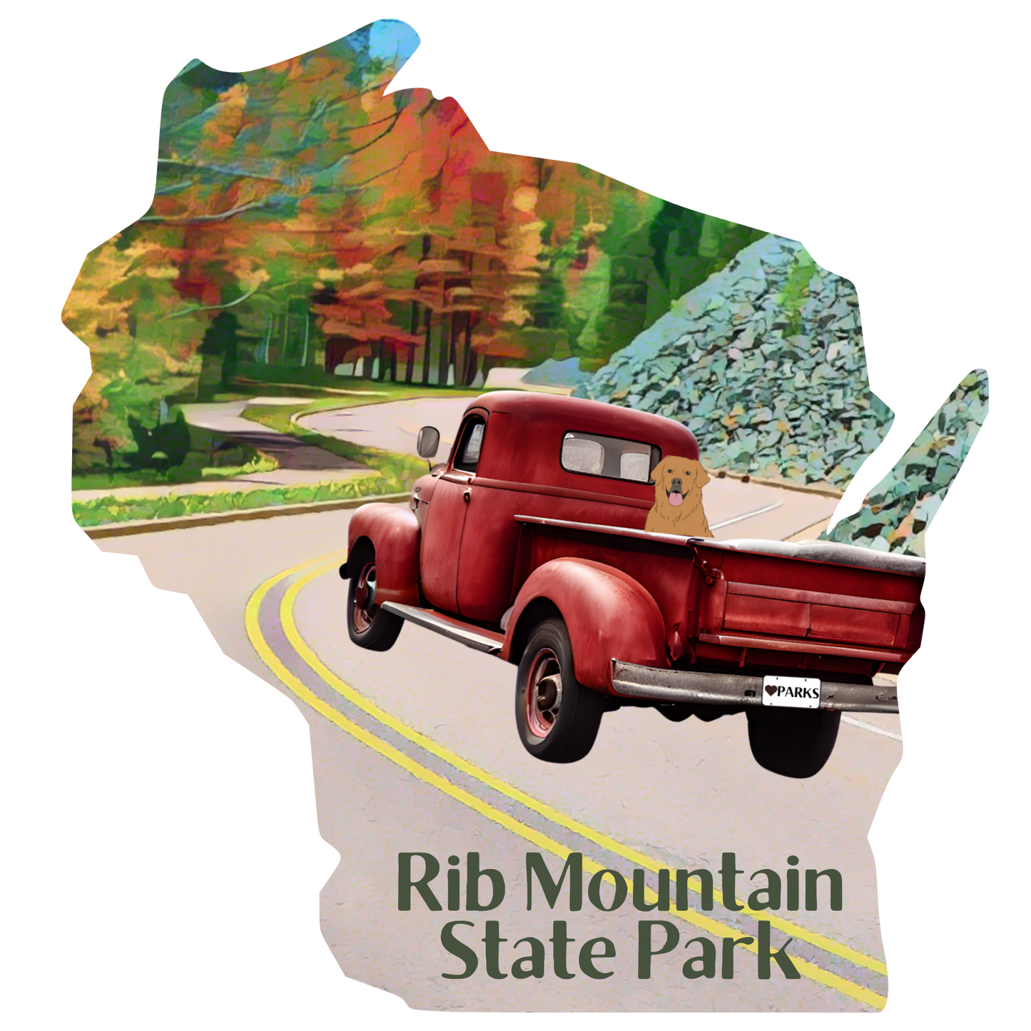 Wisconsin shaped sticker featuring a vintage red pickup truck with a dog in the bed driving up a curvy road with trees in fall leaf color.