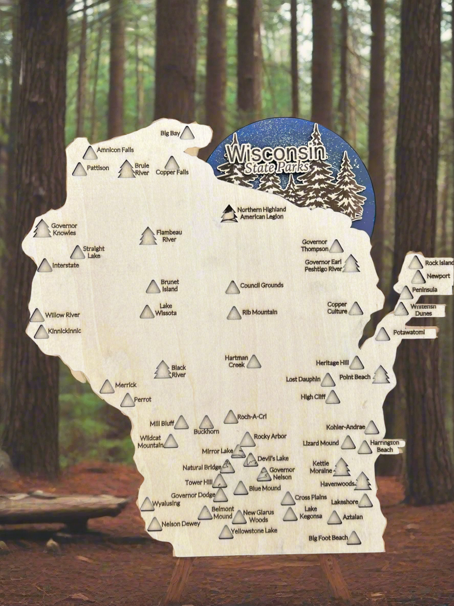 State Park Travel map in Wisconsin shape with starry night forest theme.