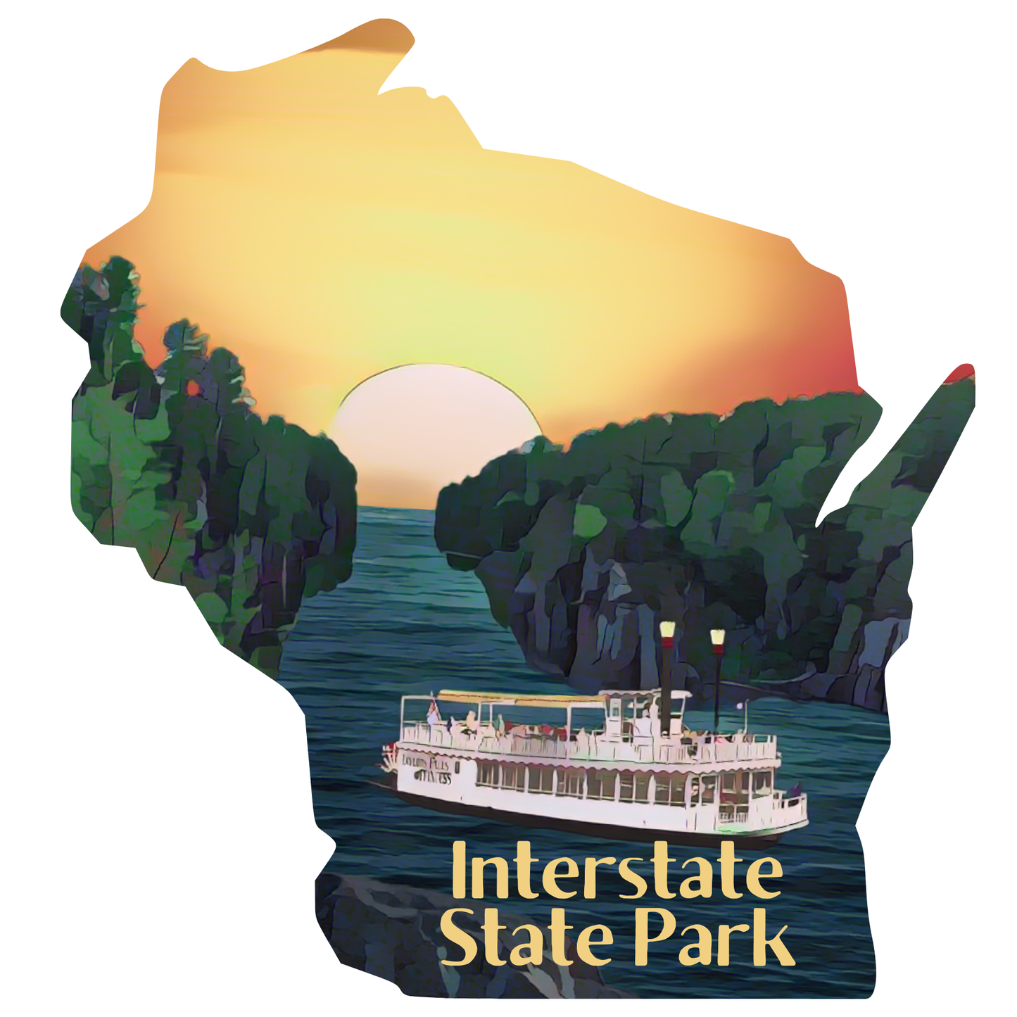 Wisconsin shaped sticker featuring a depiction of a river between two bluffs and a paddle wheel tour boat floating down the river at sunset.