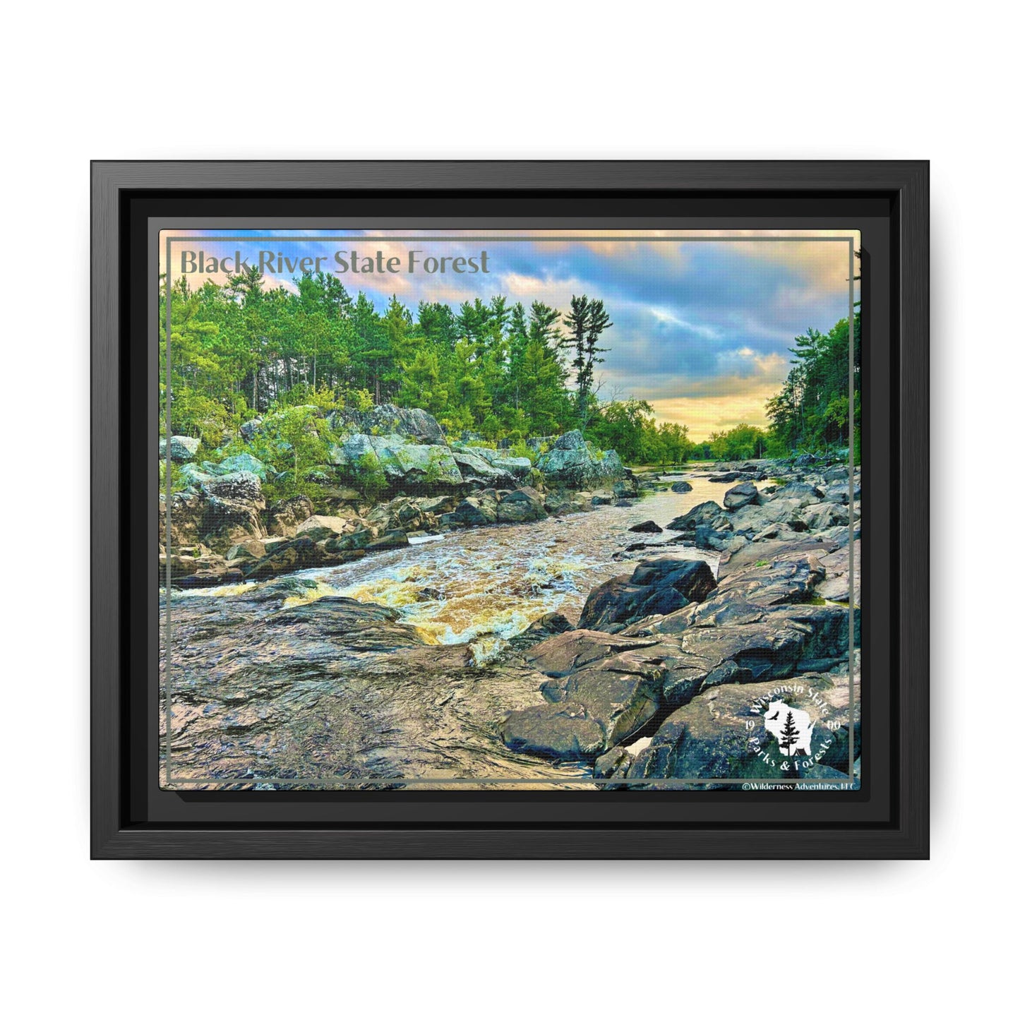 Framed canvas print of the Black River and rapids at sunset.
