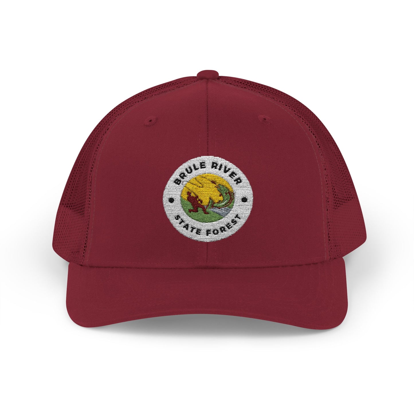 Cranberry Colored ball cap with embroidered logo of an angler catching a fish and the text Brule River State Forest.