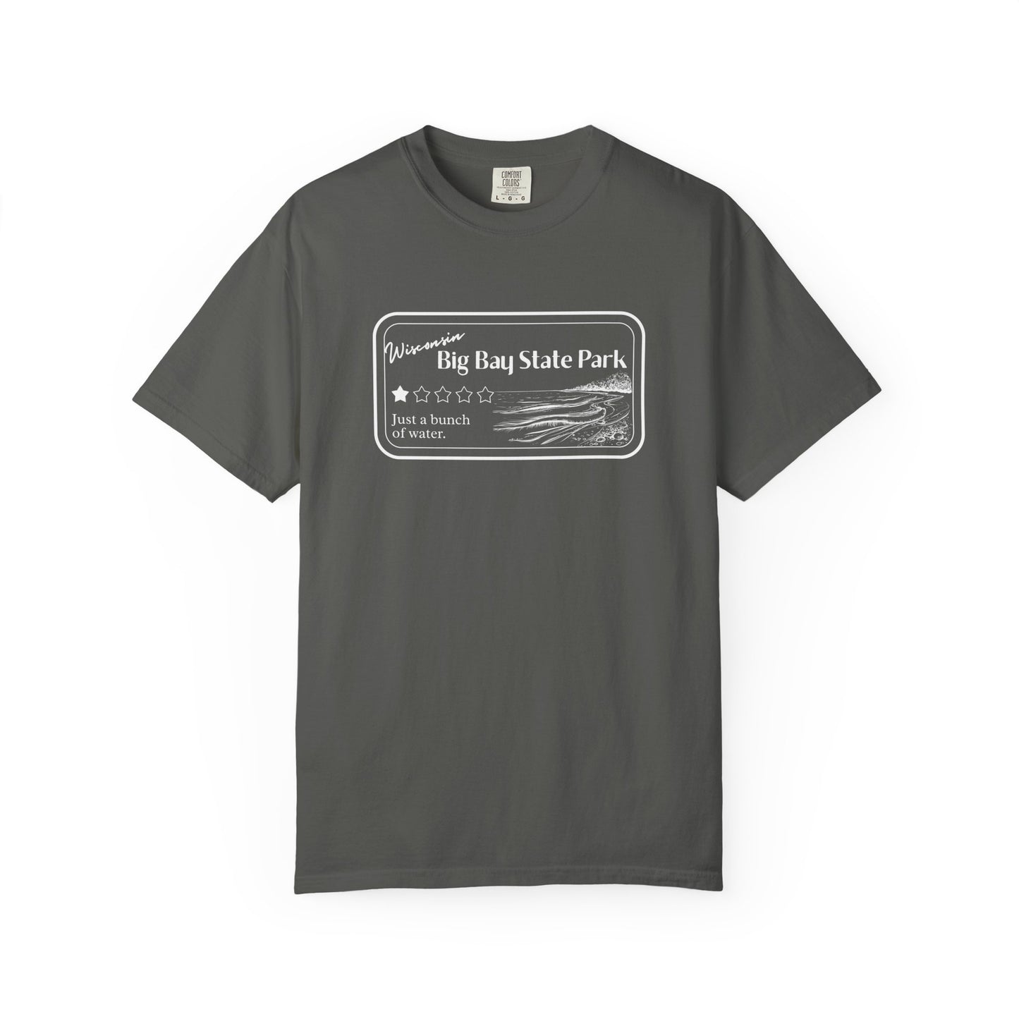 Pepper Colored T-Shirt with 1 star review design of Big Bay State Park. Features a line art image of a sandy beach and shoreline, 1 star graphic, and the text: “Wisconsin Big Bay State Park, Just a bunch of water.