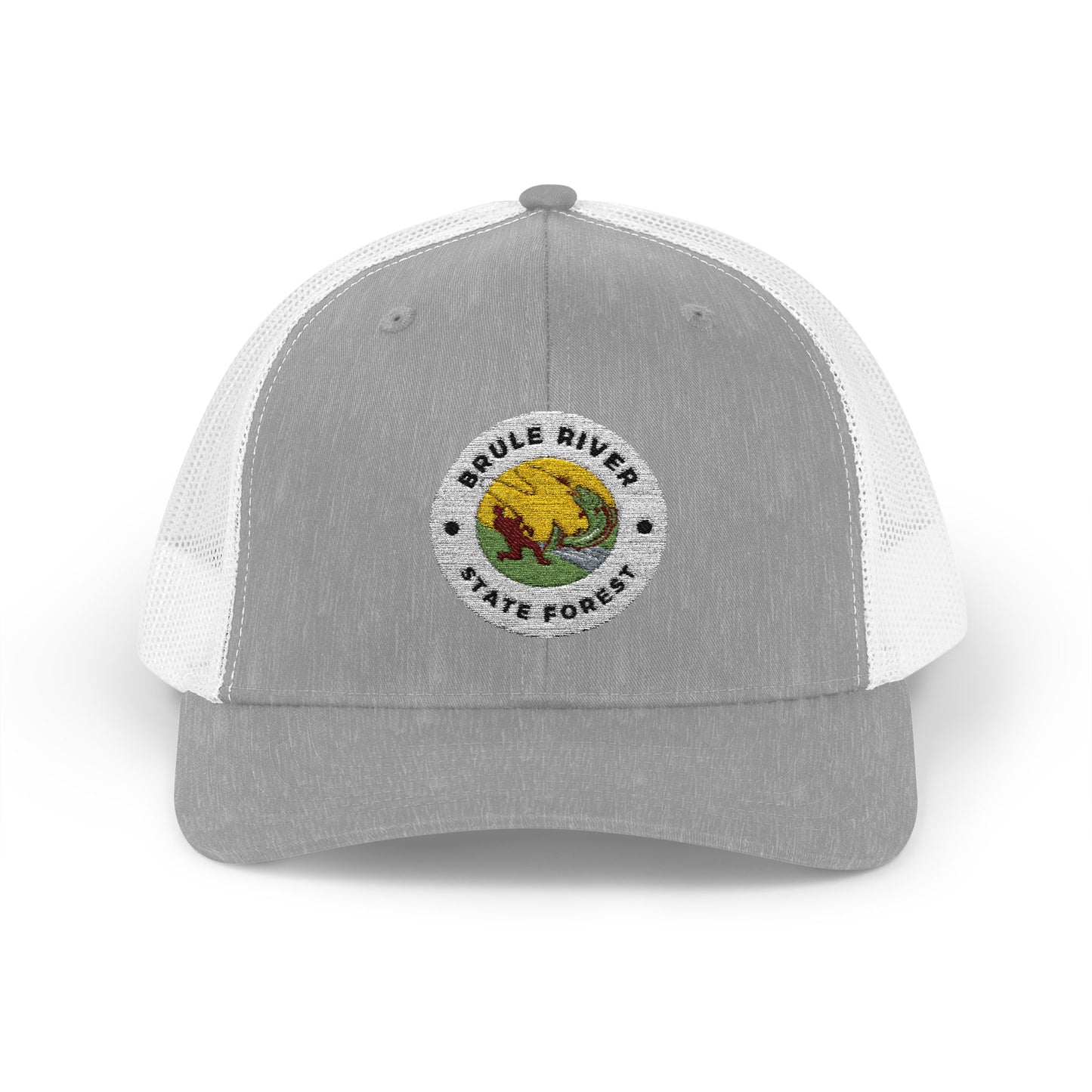 Heather Grey and white Colored ball cap with embroidered logo of an angler catching a fish and the text Brule River State Forest.