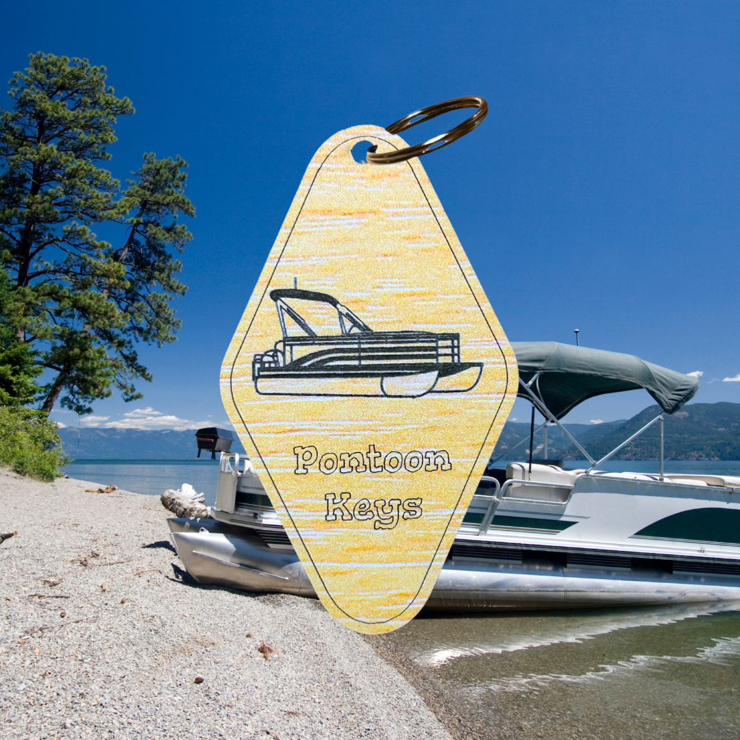 Wood grain acrylic keychains with pontoon boat icon and text “pontoon keys”. Photo background: pontoon boat pulled up on a sandy beach.