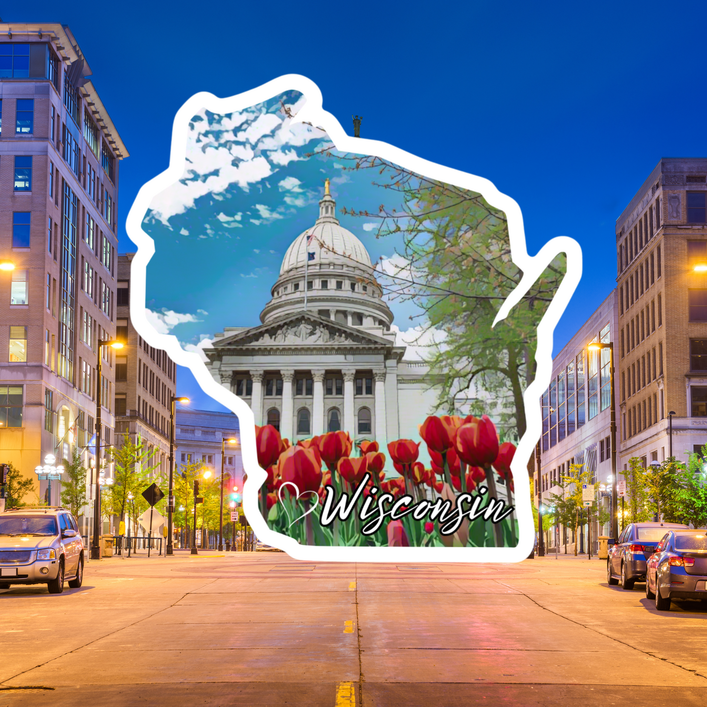 Wisconsin shaped sticker featuring the state capitol and tulips. Photo background: view of Madison at night.