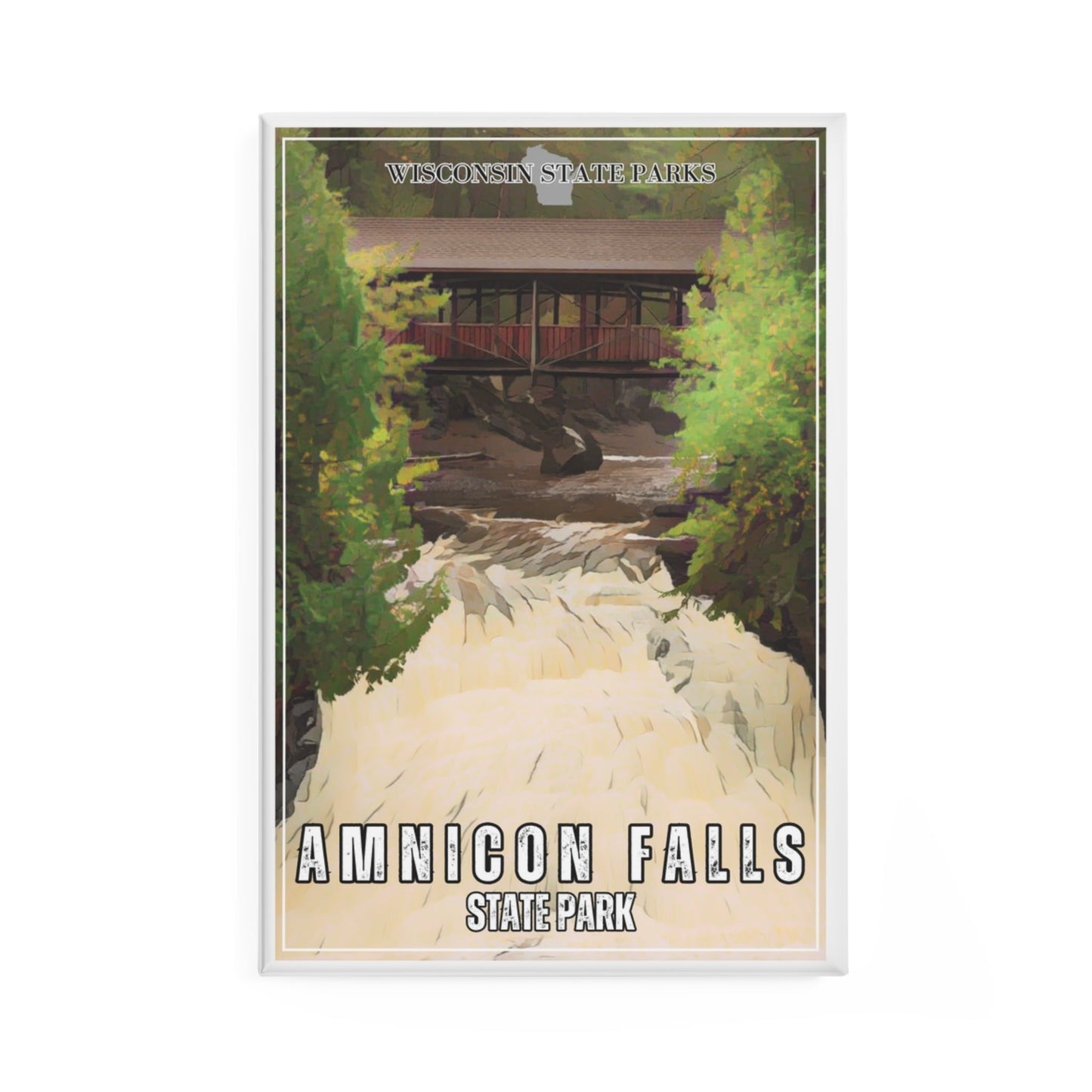 2x3” ccc inspired design of Amnicon falls and covered bridge.