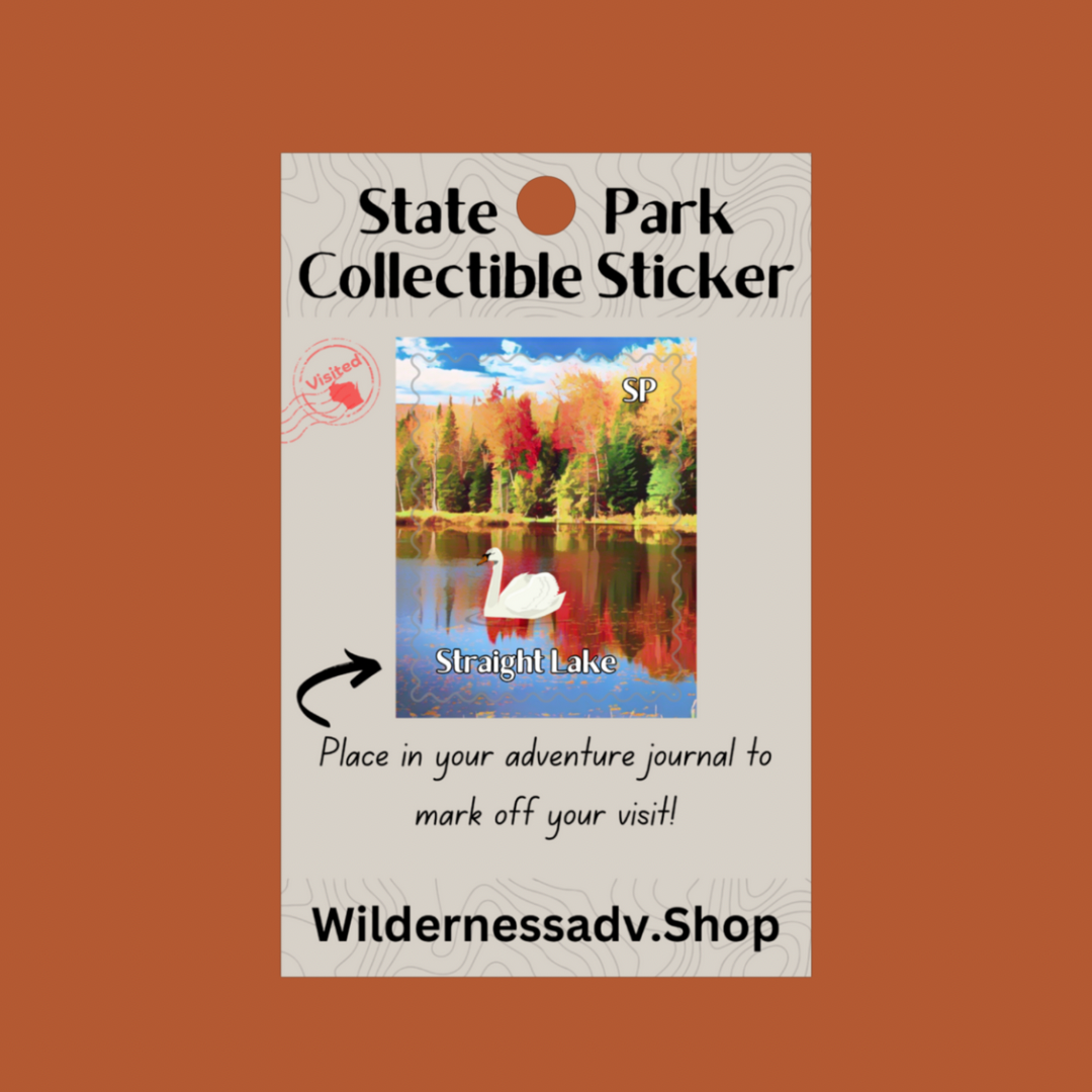 Sticker for Wisconsin State Park Adventure Journal depicting a swan swimming on a calm lake surrounded by vibrant trees in autumn color.