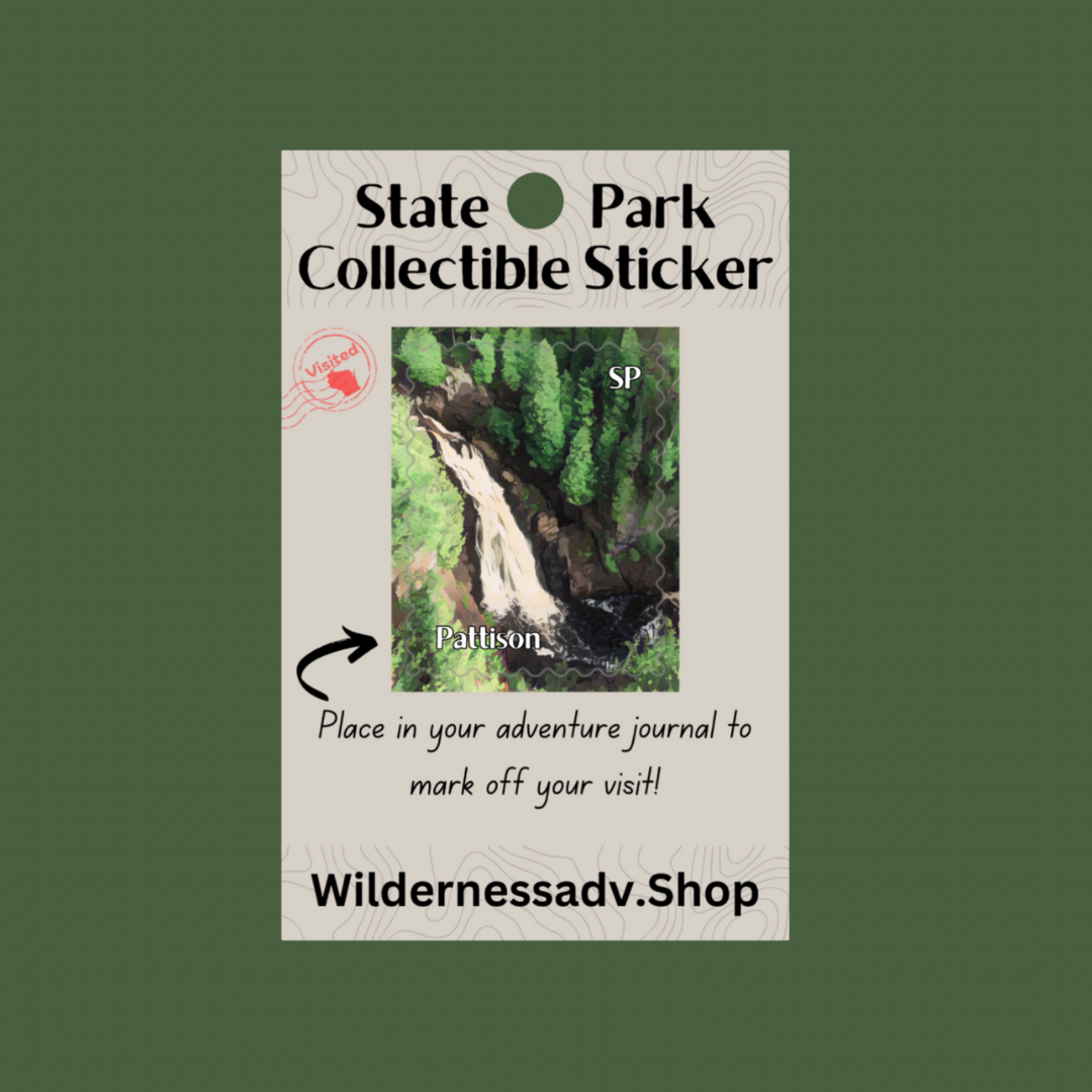 Sticker for Wisconsin State Park Adventure Journal depicting a roaring waterfall in a dense forest.