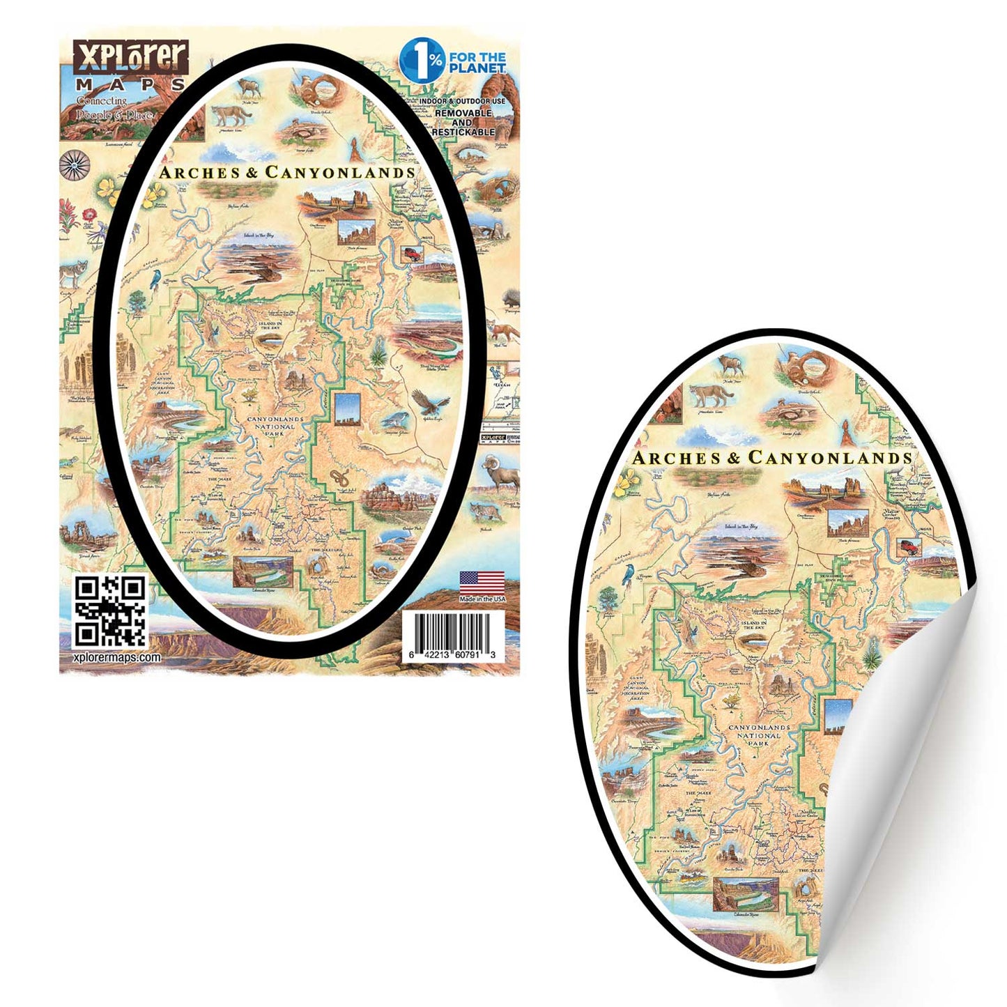 A map-style sticker or decal featuring the Arches and Canyonlands region, shown both flat and peeled back to reveal a white backing. The product has a vintage illustrated design with beige background, green outlines, and small scenic details.