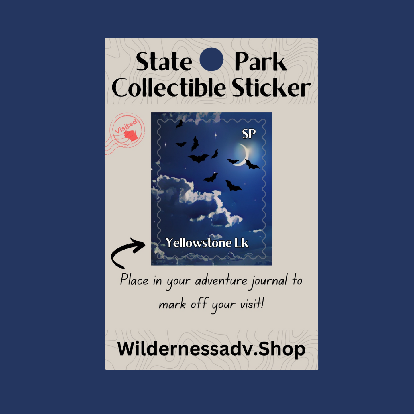 Sticker for Wisconsin State Park Adventure Journal depicting bats flying in the night sky with clouds and crescent moon.