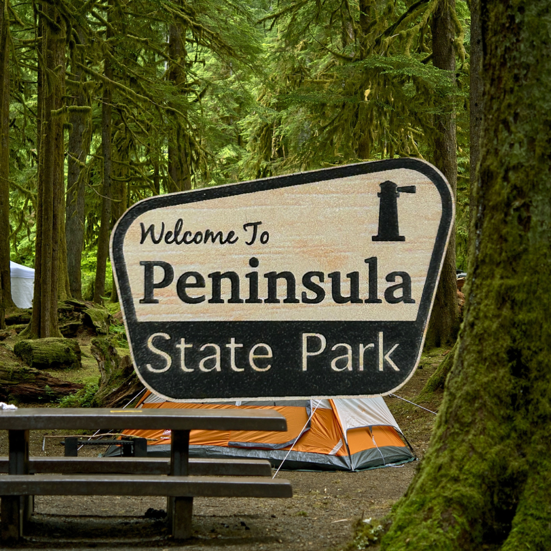 Wood grain acrylic magnet with “welcome to Peninsula State Park” and lighthouse icon. Photo background: campsite in a wooded forest.
