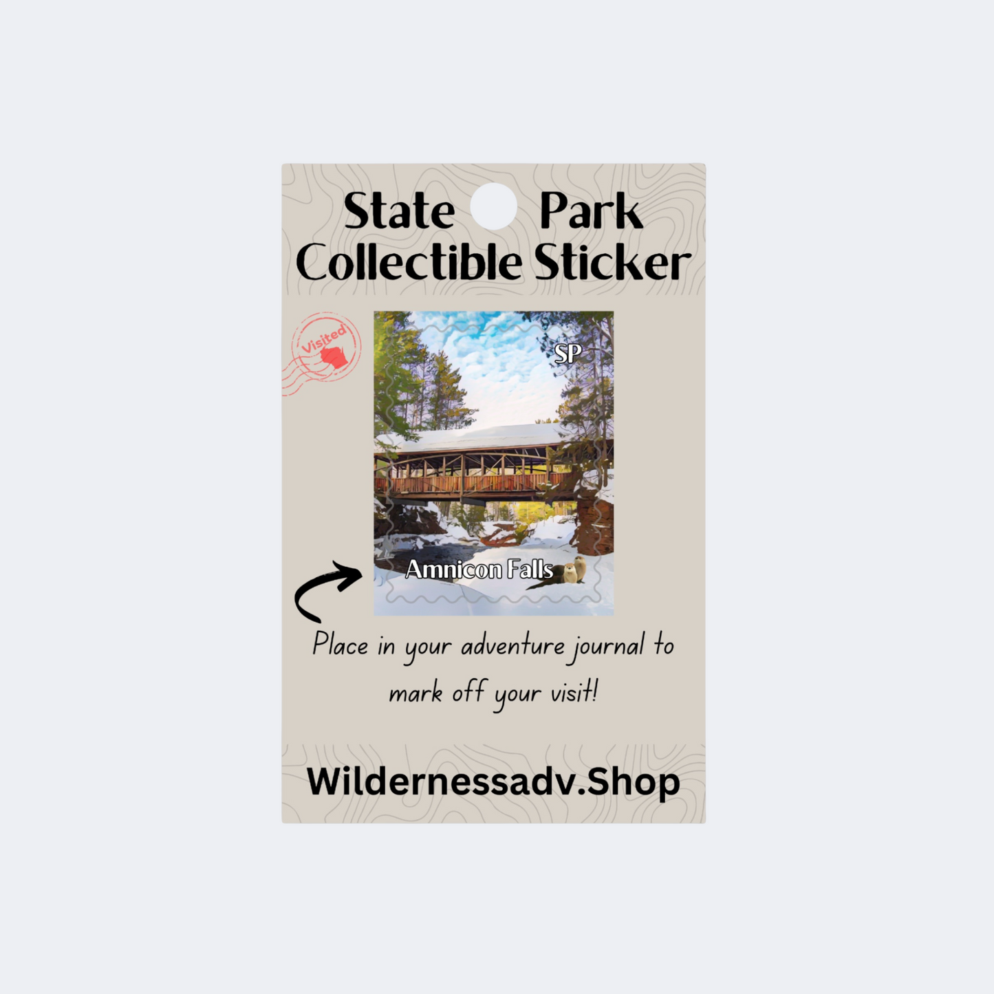 Sticker for Wisconsin State Park Adventure Journal depicting Sticker for Wisconsin State Park Adventure Journal depicting a covered bridge over a partially frozen and snow covered river and two otters playing in the snow.