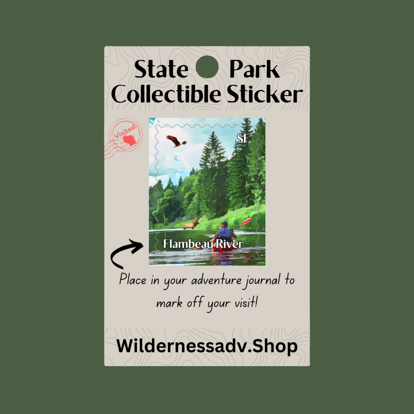 Sticker for Wisconsin State Park Adventure Journal depicting a canoeist paddling down a remote river and an elk crossing the river and eagle flying over head.