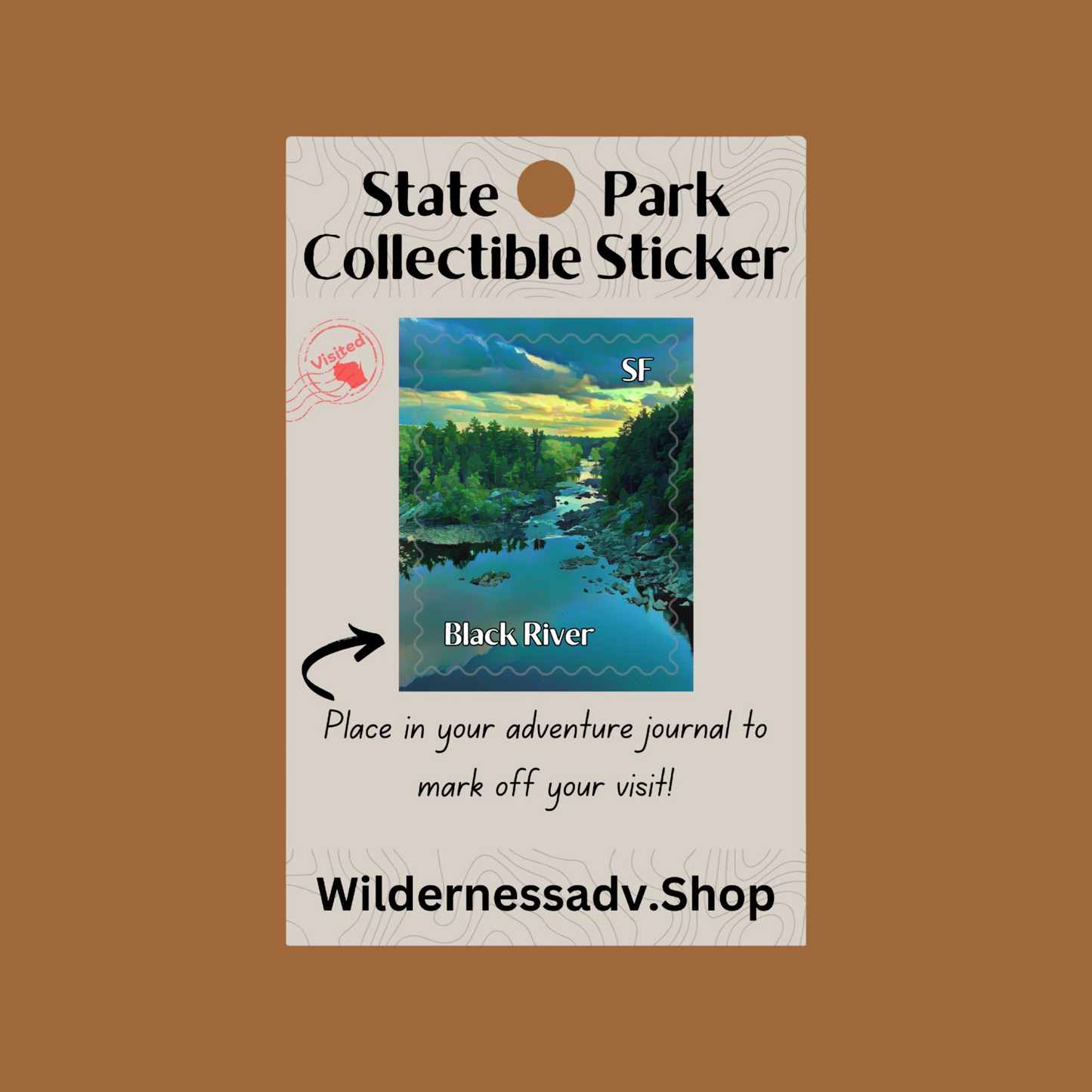 Sticker for Wisconsin State Park Adventure Journal depicting a river flowing through a rock landscape at dusk.