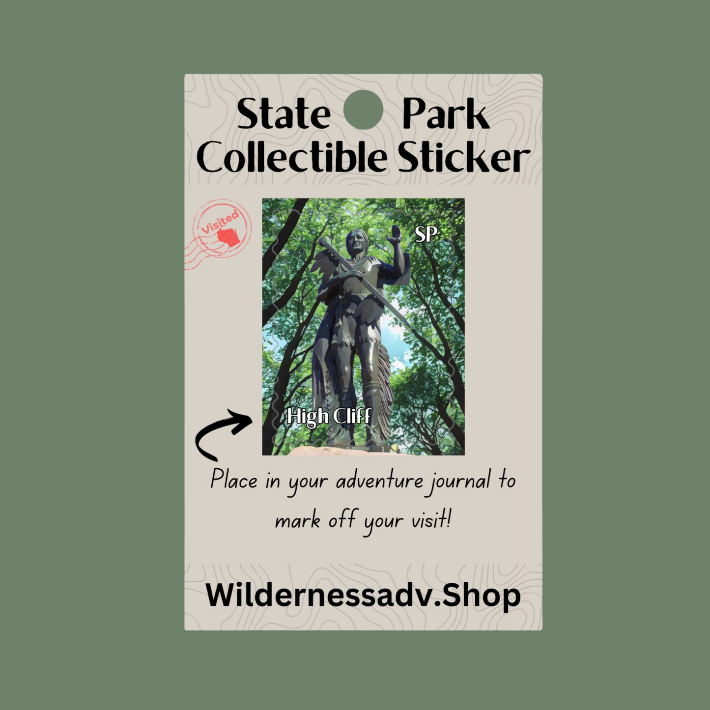 Sticker for Wisconsin State Park Adventure Journal depicting a statute in the forest.