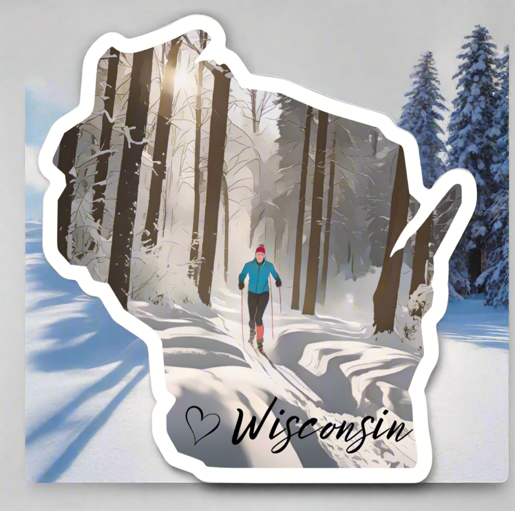 Wisconsin shaped sticker depicting a skier skiing through a snowy forest.