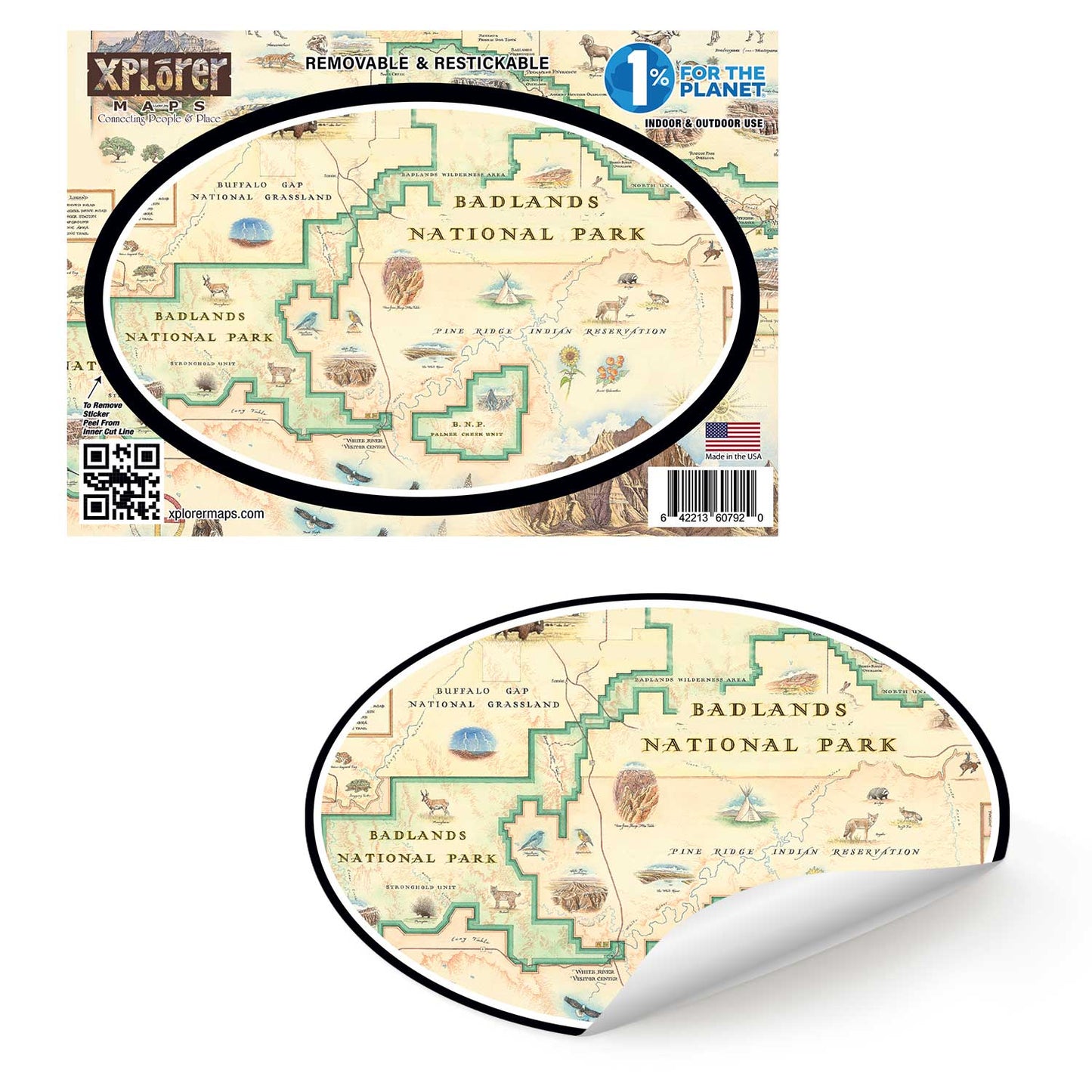 A oval sticker featuring a vintage-style map of Badlands National Park, shown both flat and peeled back to reveal a white backing. The map has beige paper tones with green park boundaries, black text, and small illustrated details.