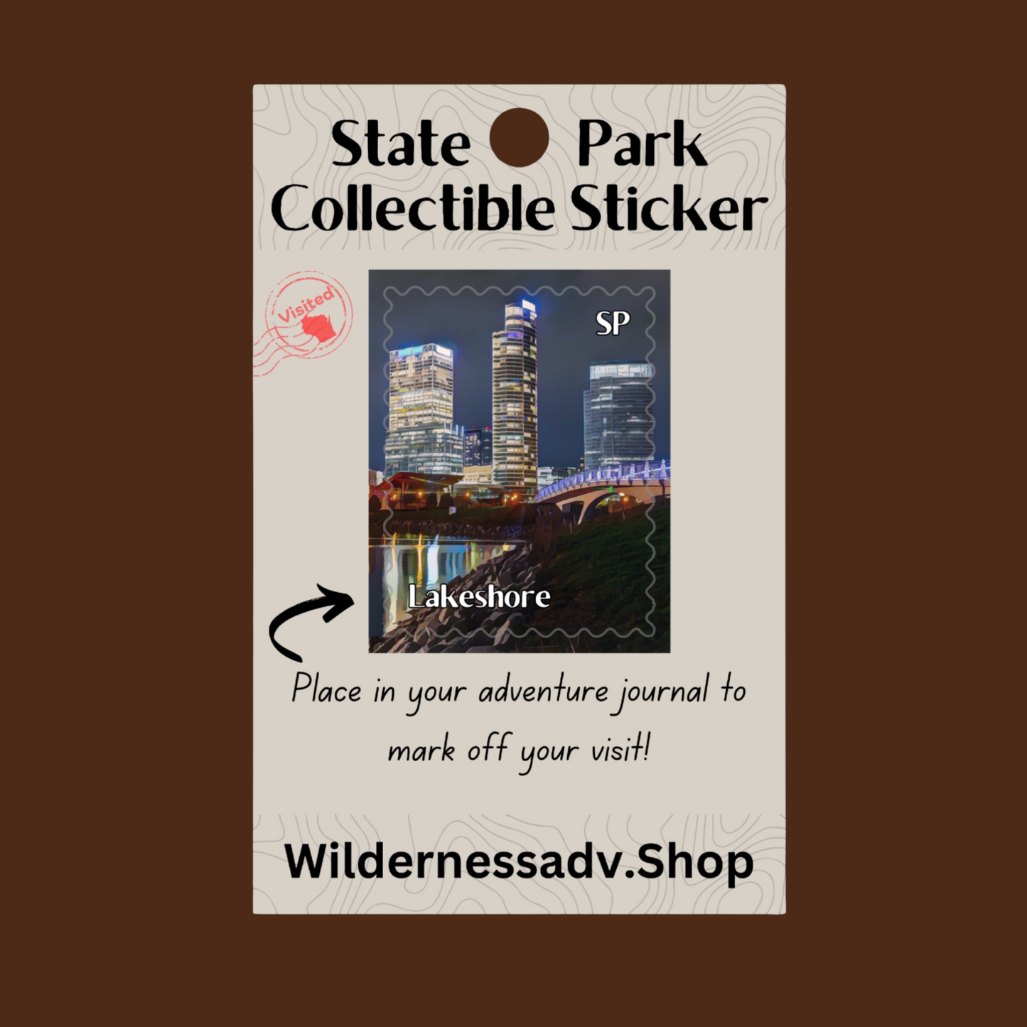 Sticker for Wisconsin State Park Adventure Journal depicting a pedestrian bridge over the water with a vibrant city skyline in the background.