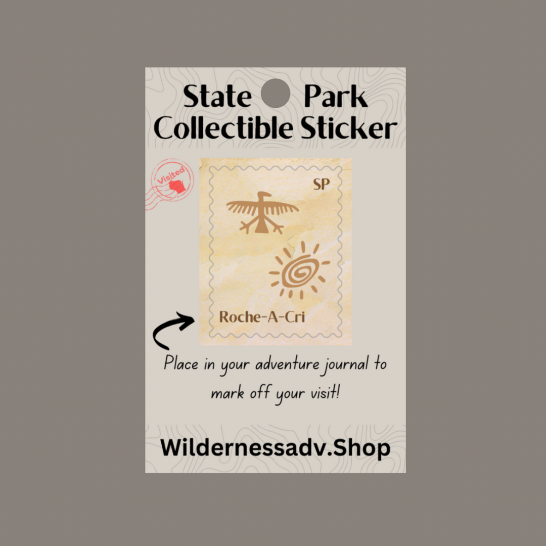 Sticker for Wisconsin State Park Adventure Journal depicting petroglyphs in rock.