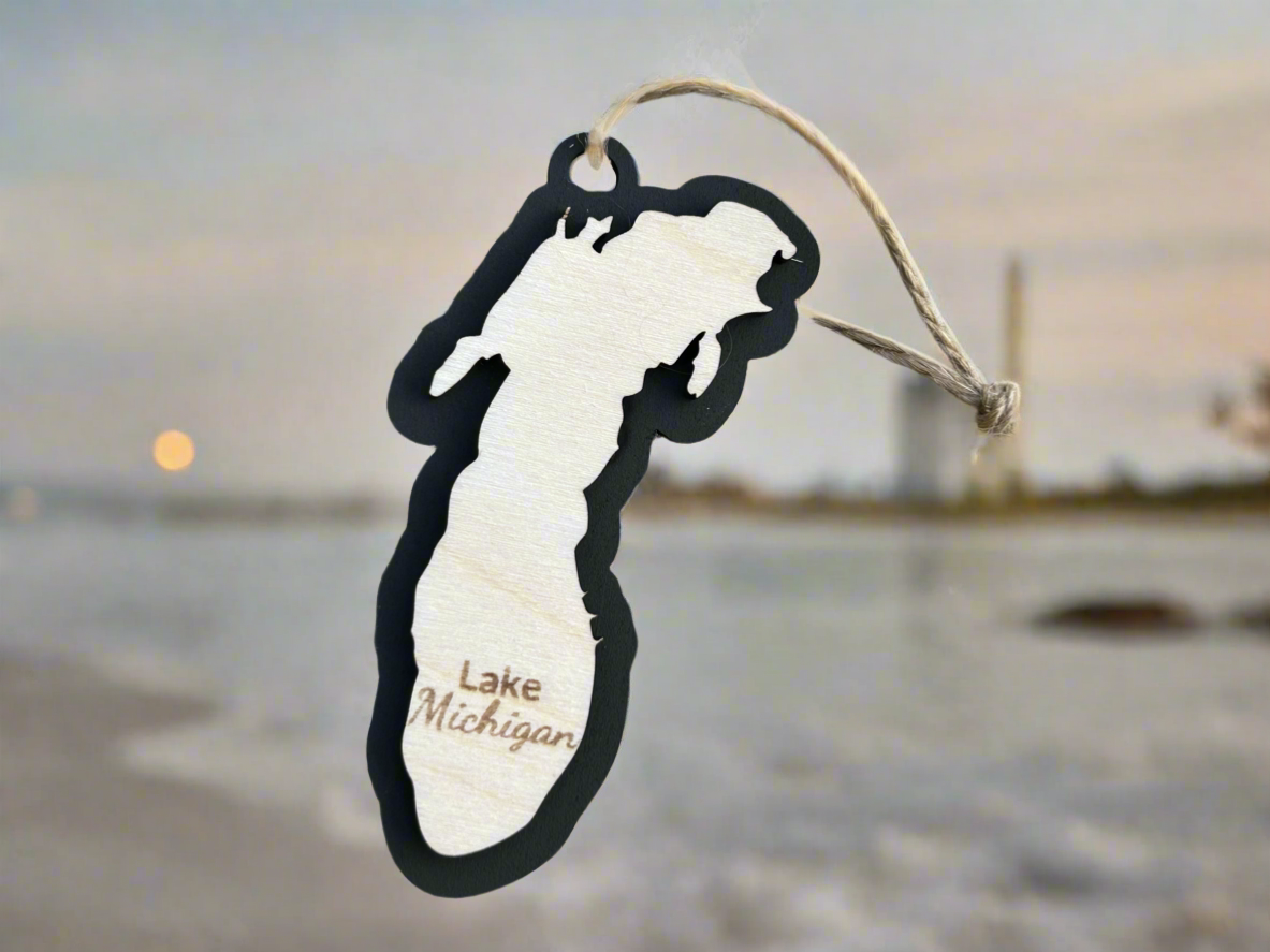 Lake Michigan Shaped ornament with black background and the text "Lake Michigan".