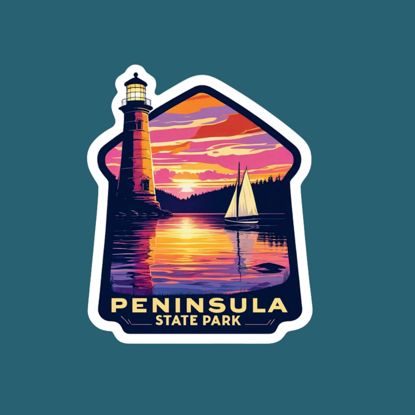 Diecut sticker featuring a lighthouse towering above a calm lake reflecting a vibrant sunset and a sailboat on the water. Features the text Peninsula State Park. Blue photo background.